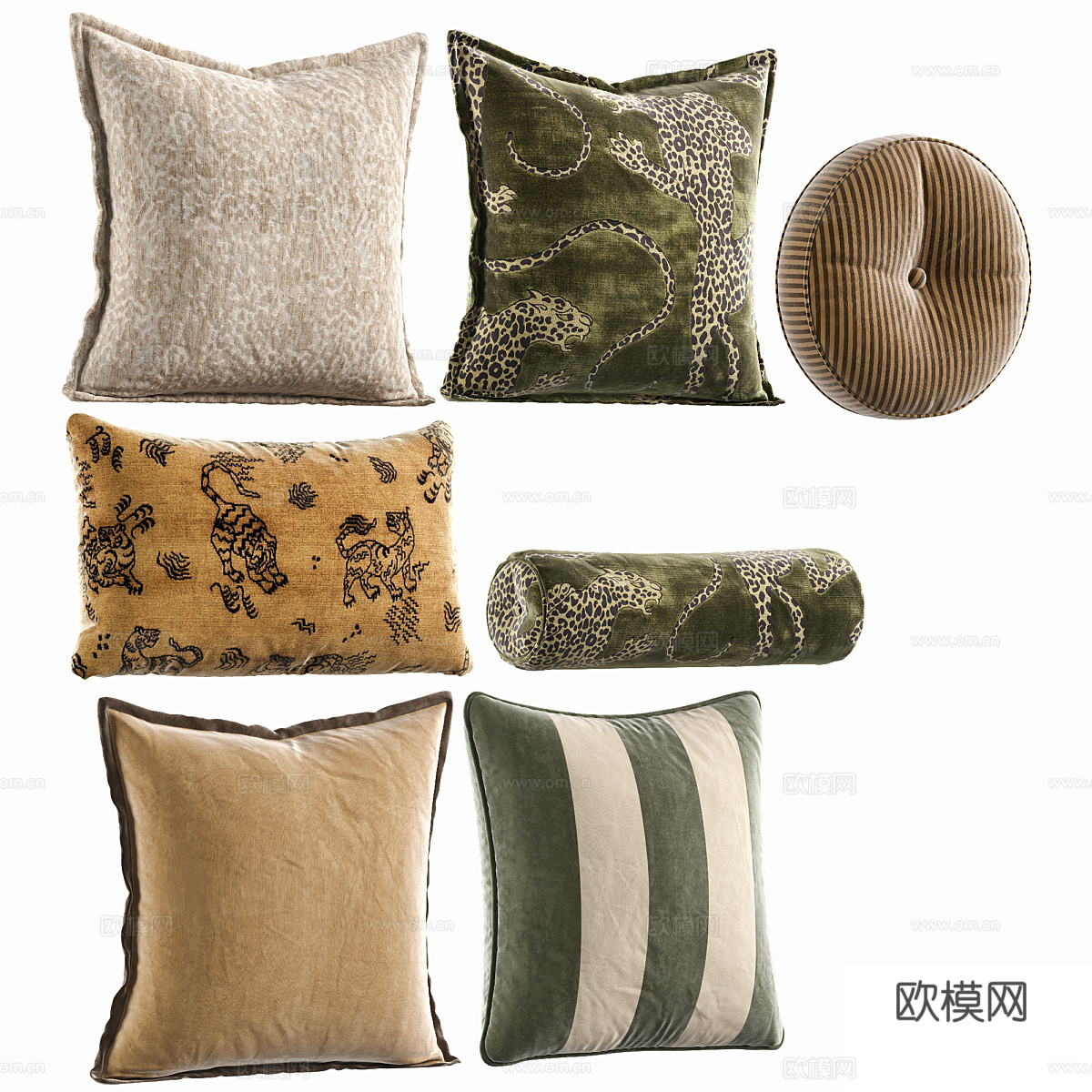 轻奢复古丝绒抱枕 新中式条纹靠枕 圆形枕头靠垫su模型