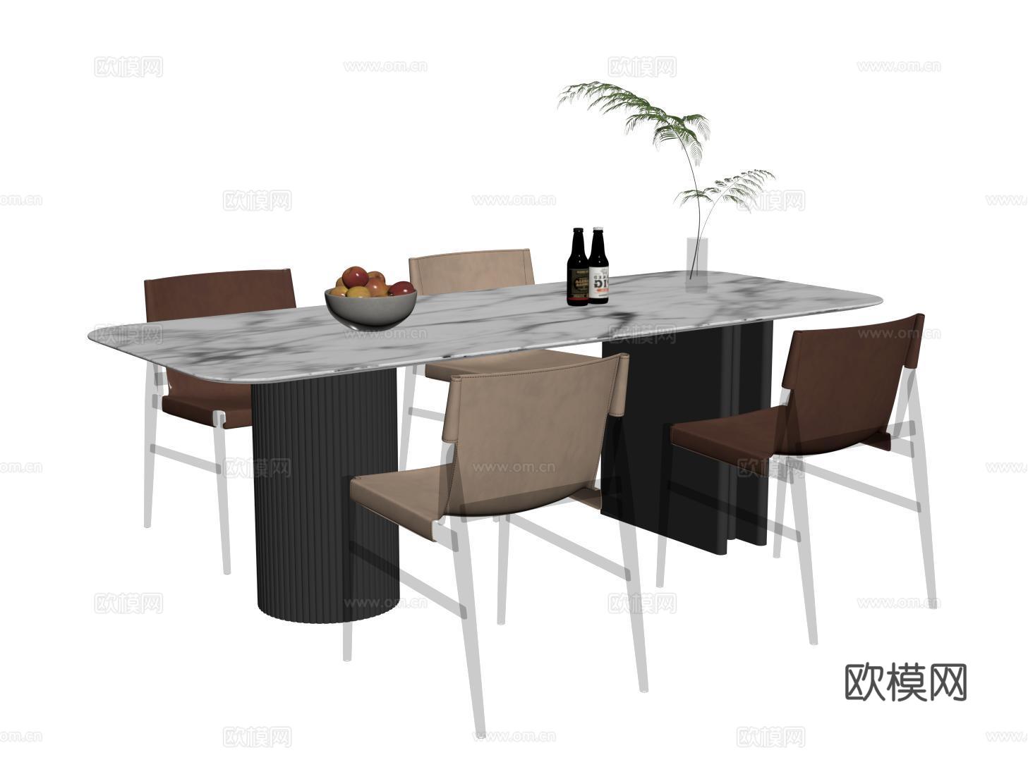 现代餐桌椅 大理石餐桌 餐椅su模型