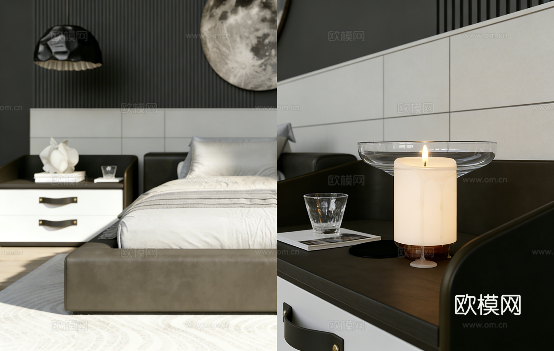 现代简约深色系卧室 皮质床 月球画黑白柜 流苏毯 圆形月球装su模型