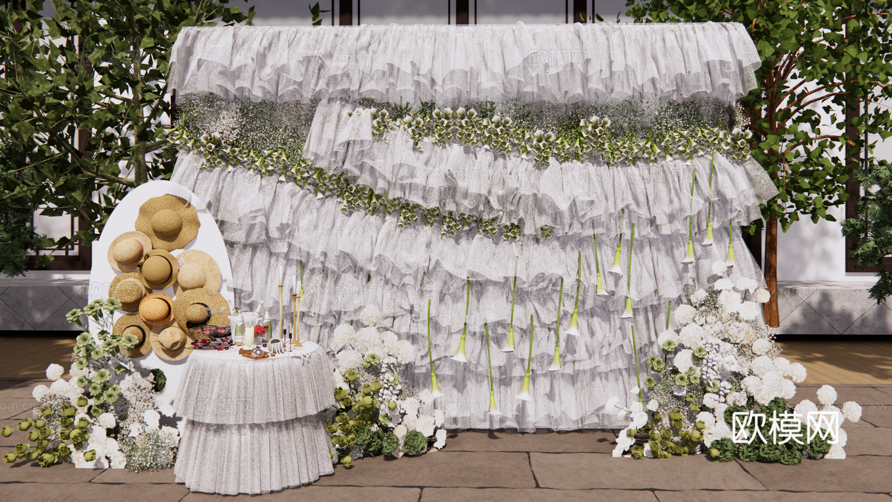 小众马蹄莲纱造型婚礼花艺美陈su模型