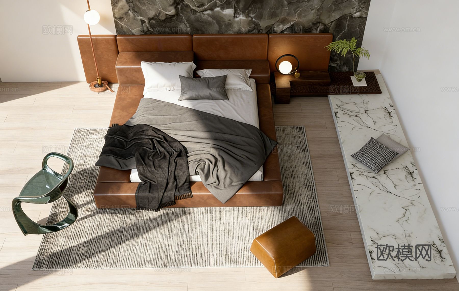 现代简约棕色真皮双人床 球形灯罩落地灯 针织流苏盖毯 床尾毯su模型