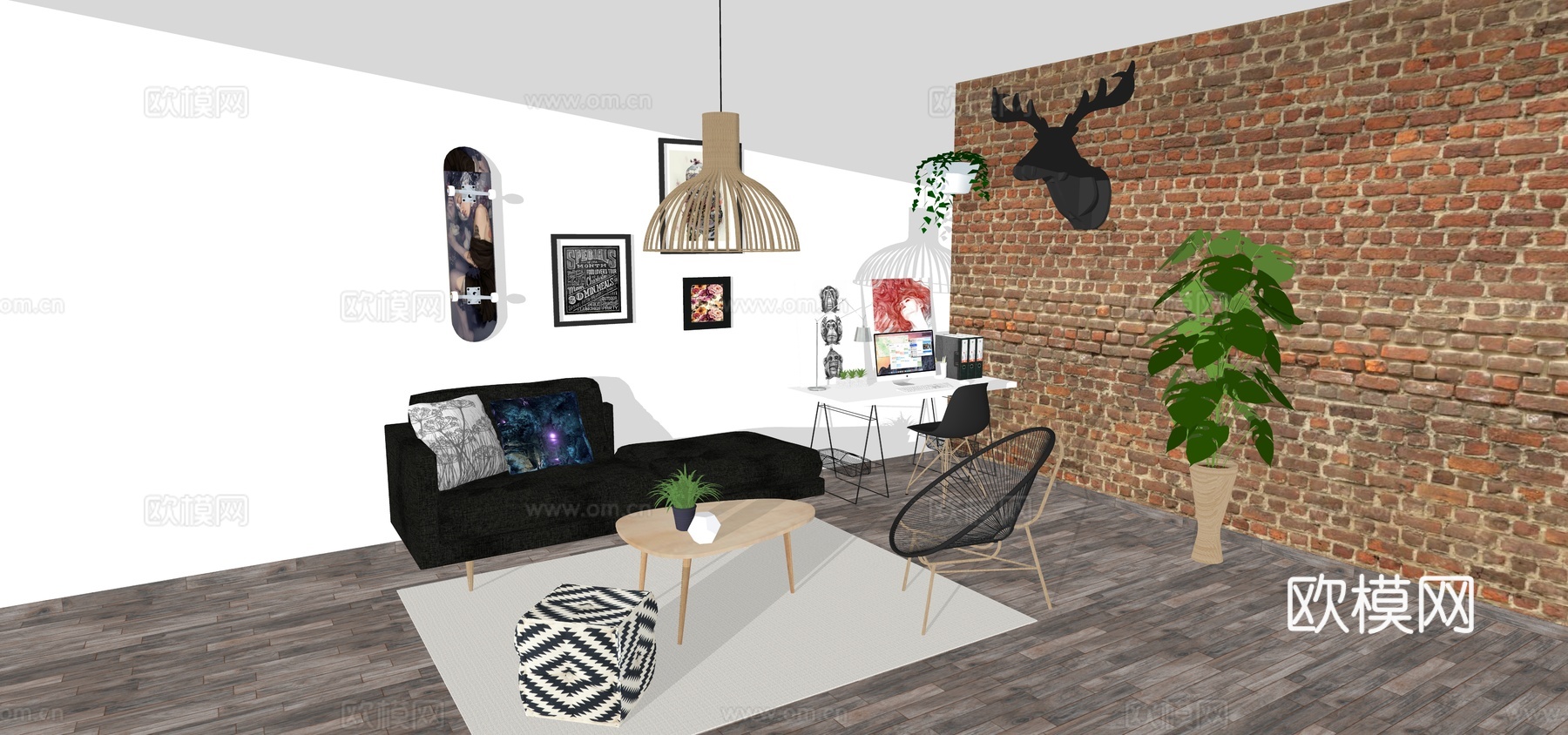 工业风混搭现代简约客厅su模型