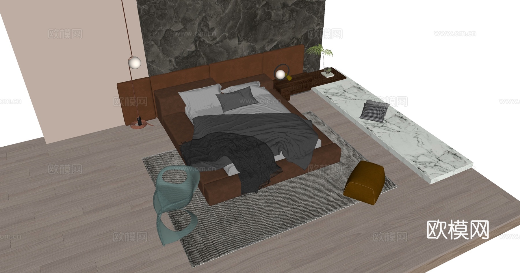 现代简约棕色真皮双人床 球形灯罩落地灯 针织流苏盖毯 床尾毯su模型