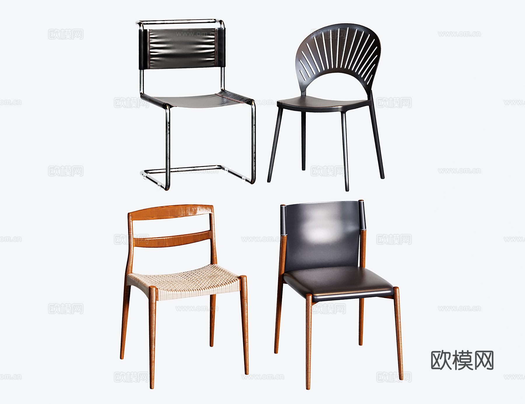 现代中古餐椅 不锈钢皮质单椅 写字椅 木质椅su模型
