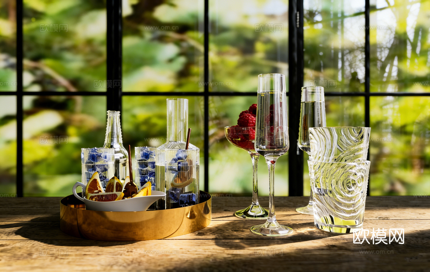 覆盆子蓝莓浆果 橙子柠檬水果切片 金色椭圆形托盘 金属甜品台su模型