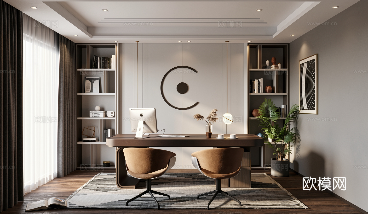 现代书房 办公室 经理室 书桌 脚蹬 办公椅 电脑 书柜 台su模型