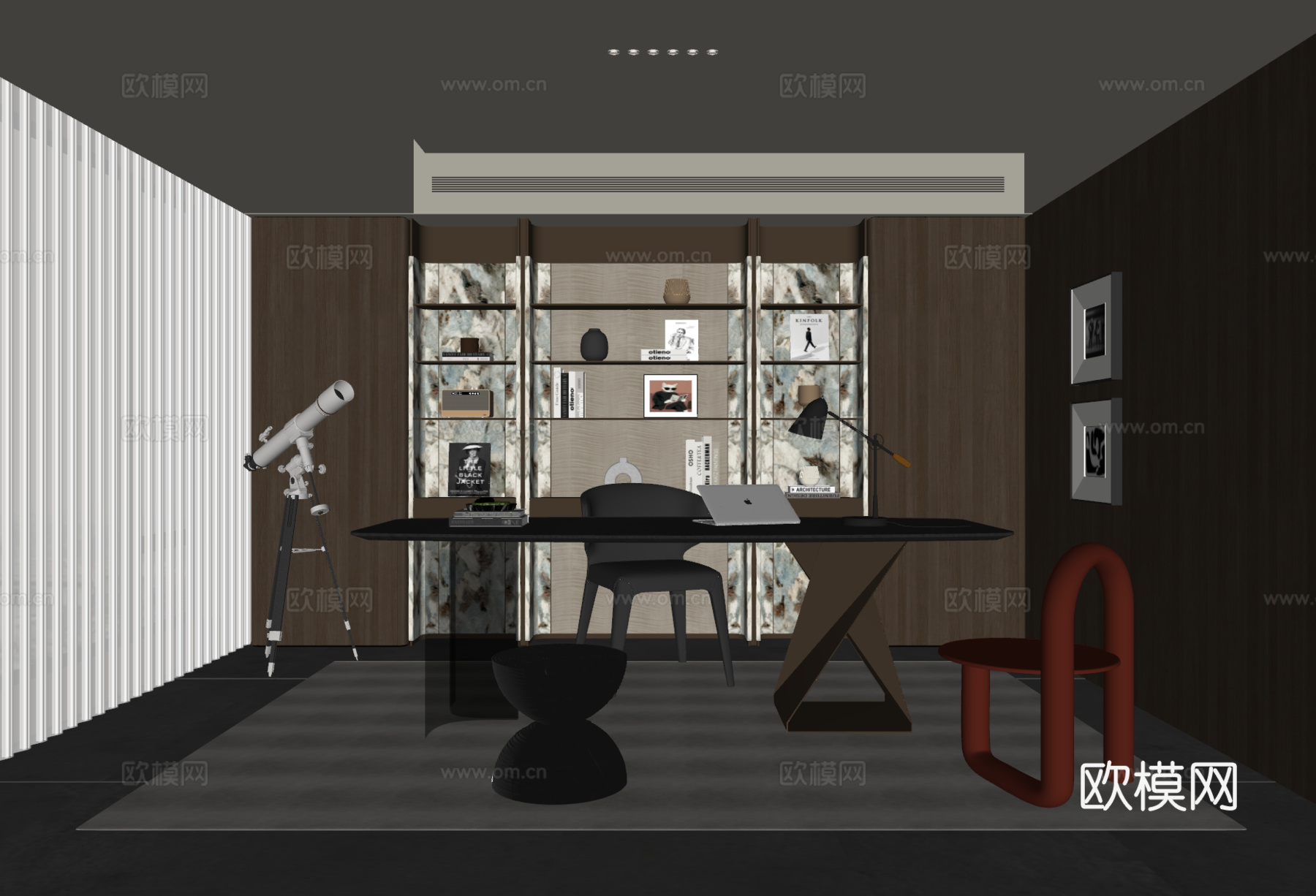 意式轻奢书房 书桌椅 书柜 装饰柜 饰品摆件su模型