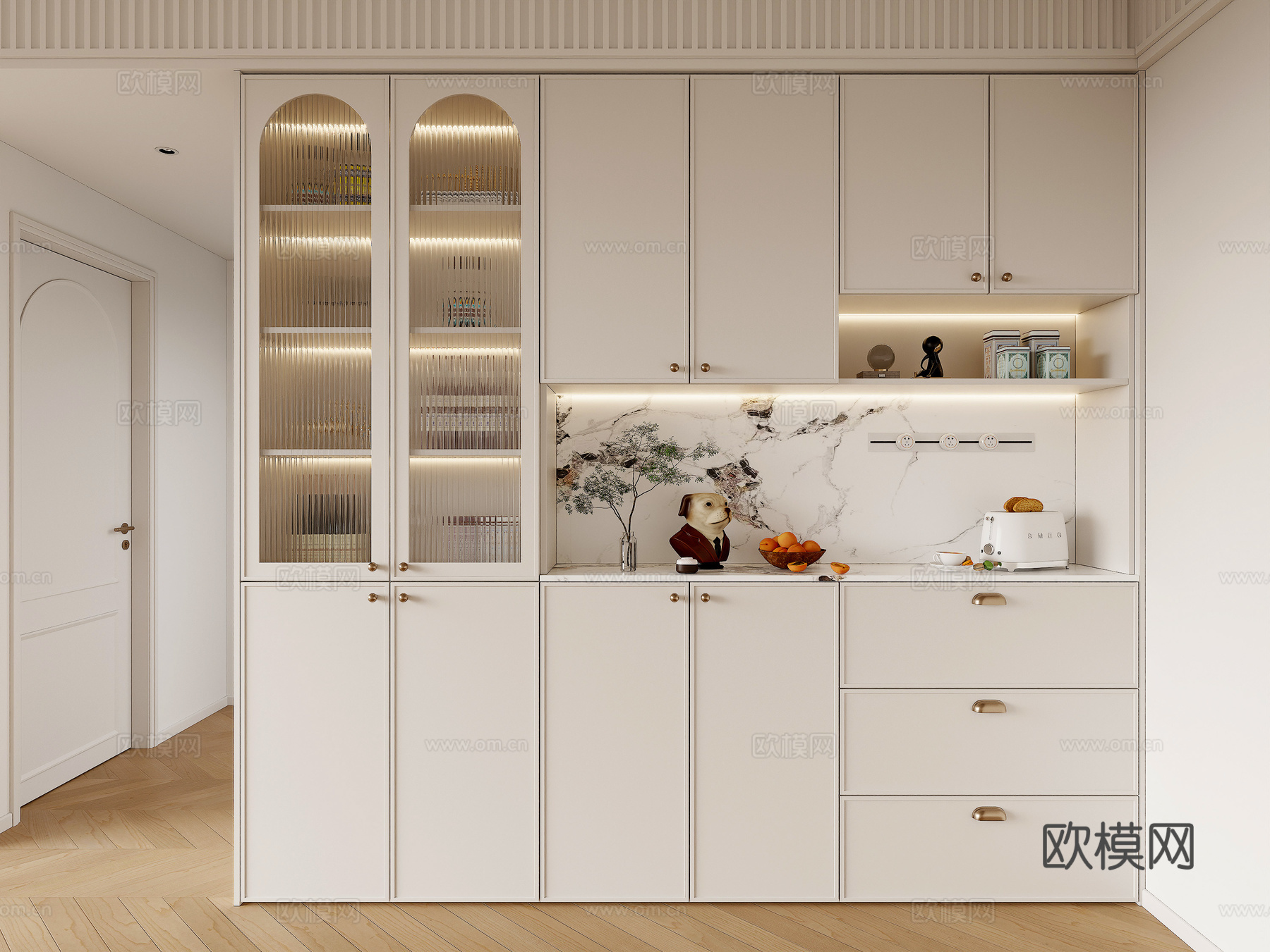 法式奶油风餐边柜 酒柜餐边柜 餐厅餐边柜 长虹玻璃门餐边柜su模型