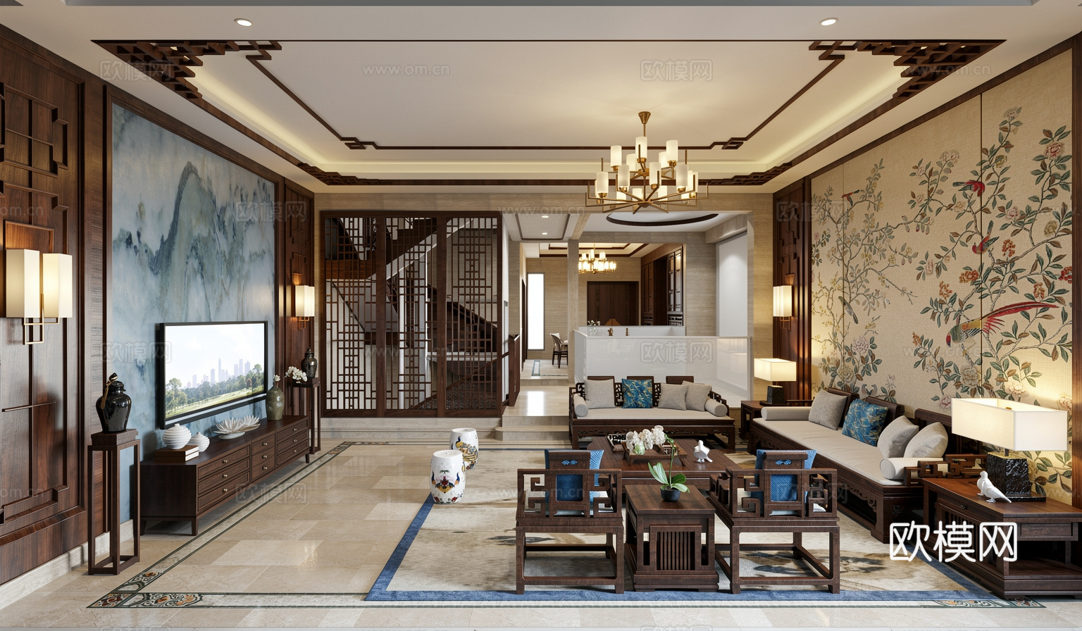 新中式客餐厅su模型