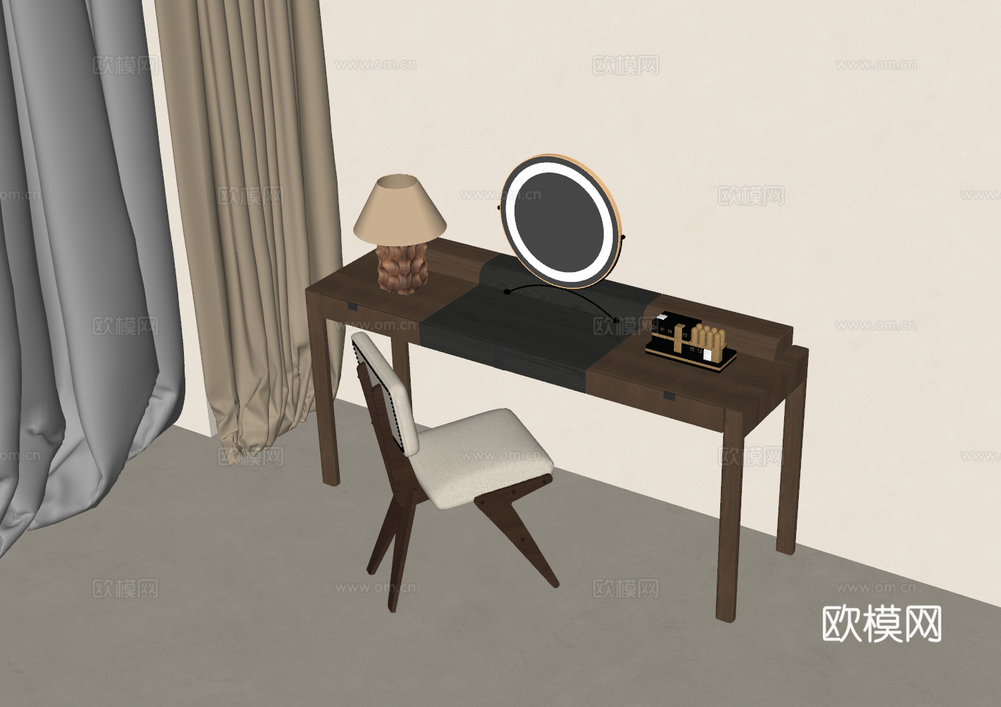 现代中古梳妆台 梳妆椅 化妆镜 妆台妆凳组合 中古边几 中古su模型