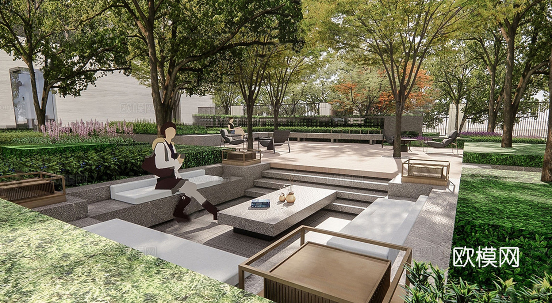 现代下沉花园 庭院景观 花园景观su模型