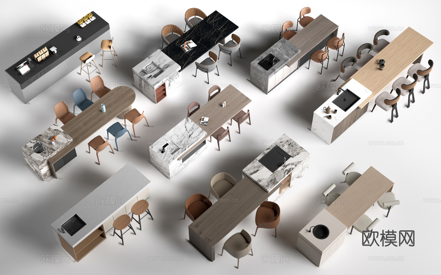 现代岛台桌椅 餐桌椅 餐厅岛台su模型