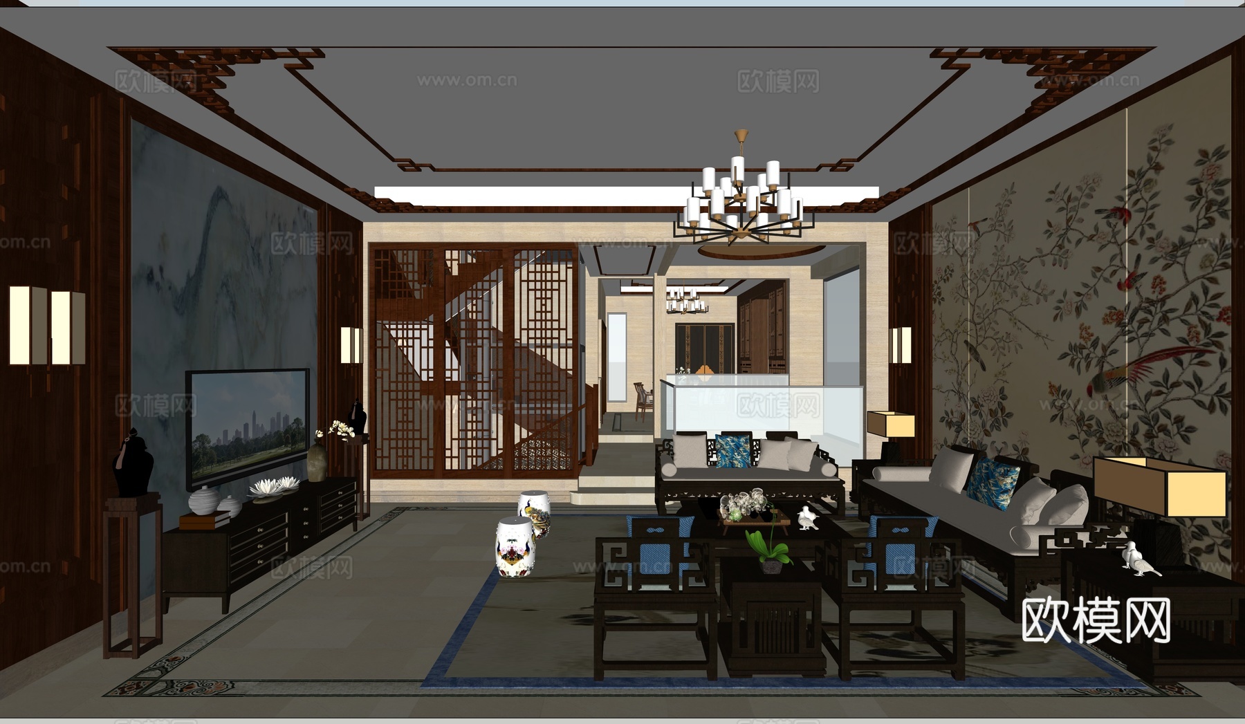 新中式客餐厅su模型