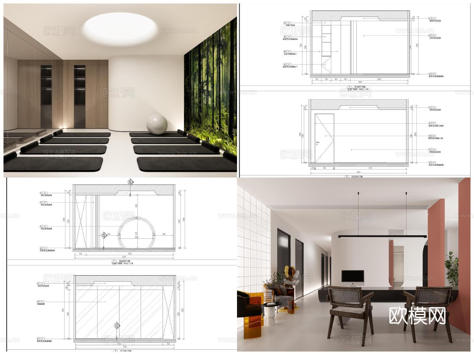 3套瑜伽馆 培训中心 最新全套CAD 施工图 效果图合集cad施工图下载（渲染图3）