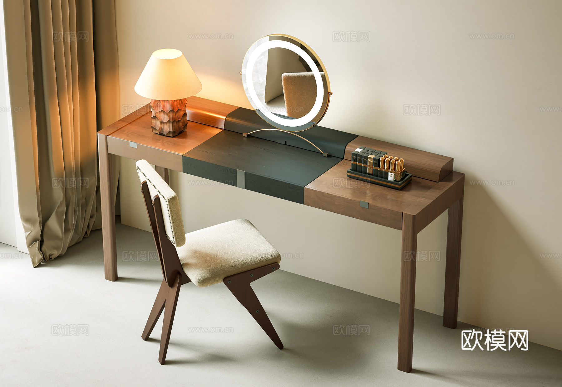 现代中古梳妆台 梳妆椅 化妆镜 妆台妆凳组合 中古边几 中古su模型