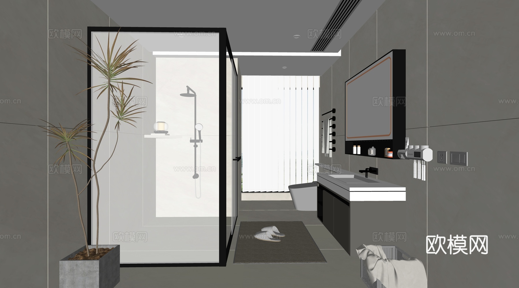 现代卫生间 干湿分离卫生间 沐浴隔断su模型
