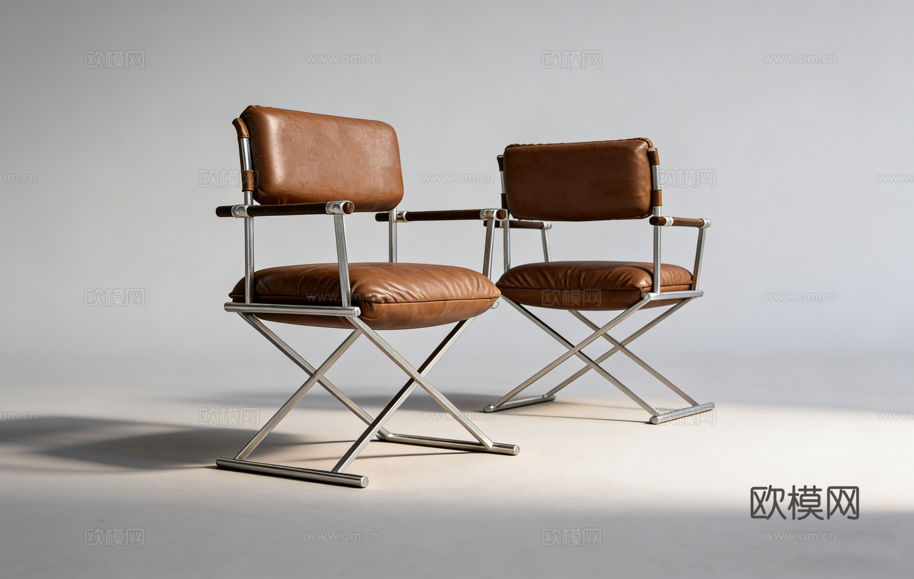意式棕色皮革扶手椅 金属交叉腿 木质扶手 客厅书房  金属框su模型