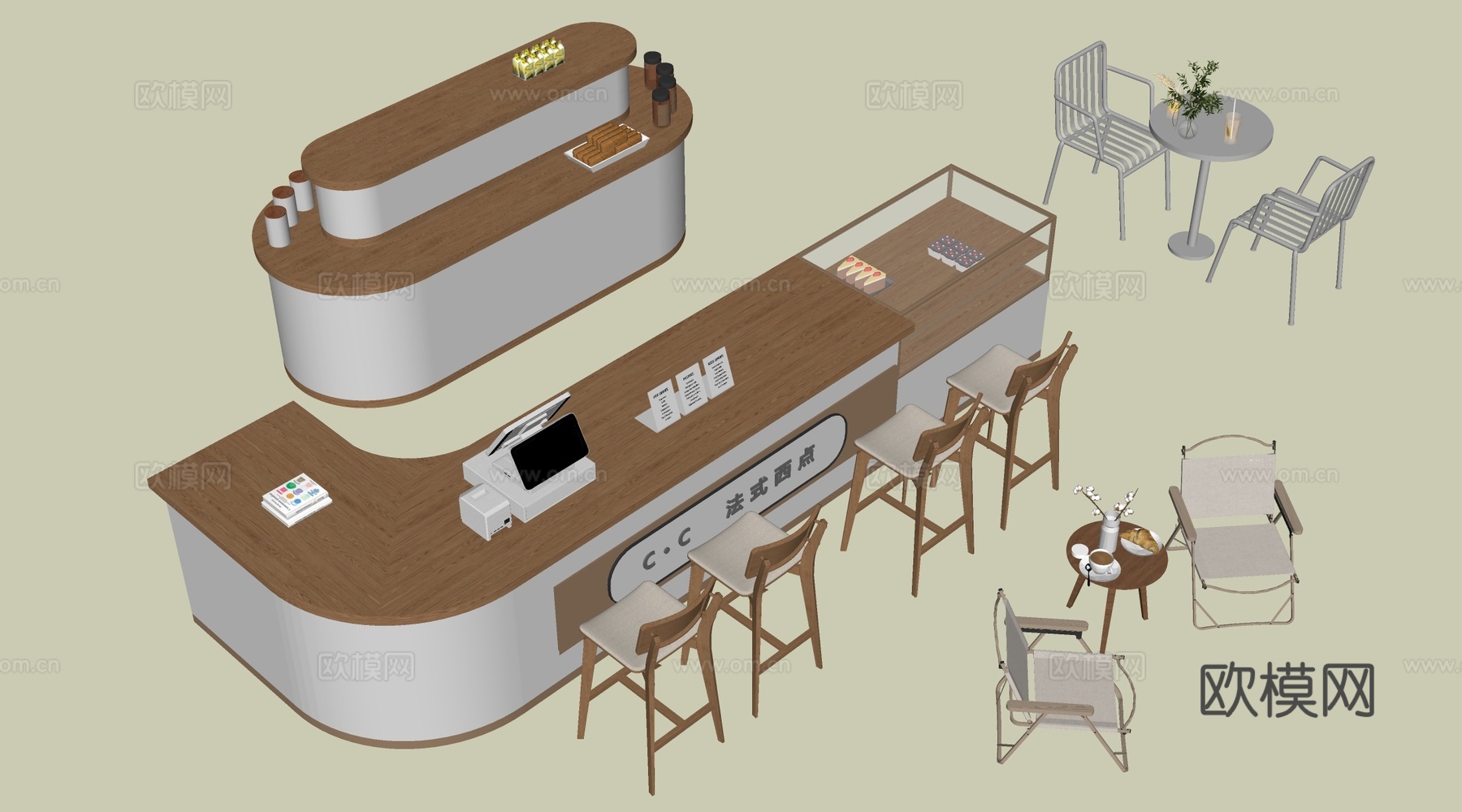 现代咖啡吧台 收银台 奶茶店收银台 奶茶店桌椅su模型