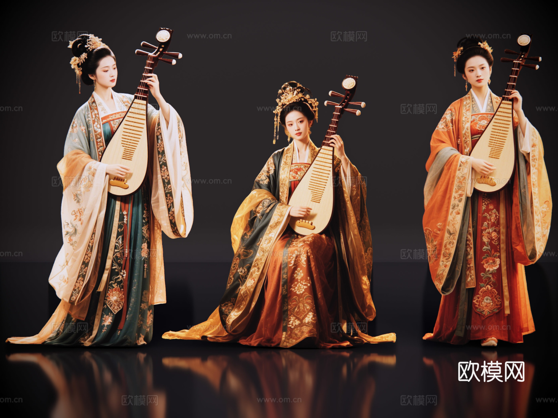 2D古装女子 宫廷乐师 古装乐师 古装抚琴 影视剧角色 古装su模型