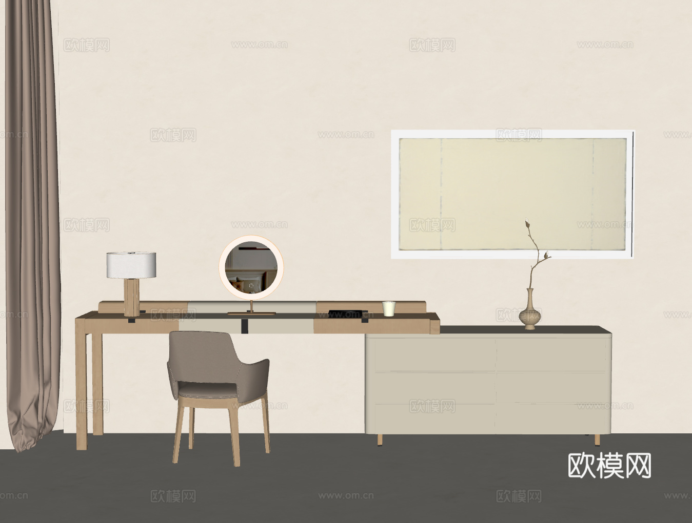 现代 梳妆台 奶油梳妆台 妆凳 化妆品组合 单椅 简略装饰画su模型