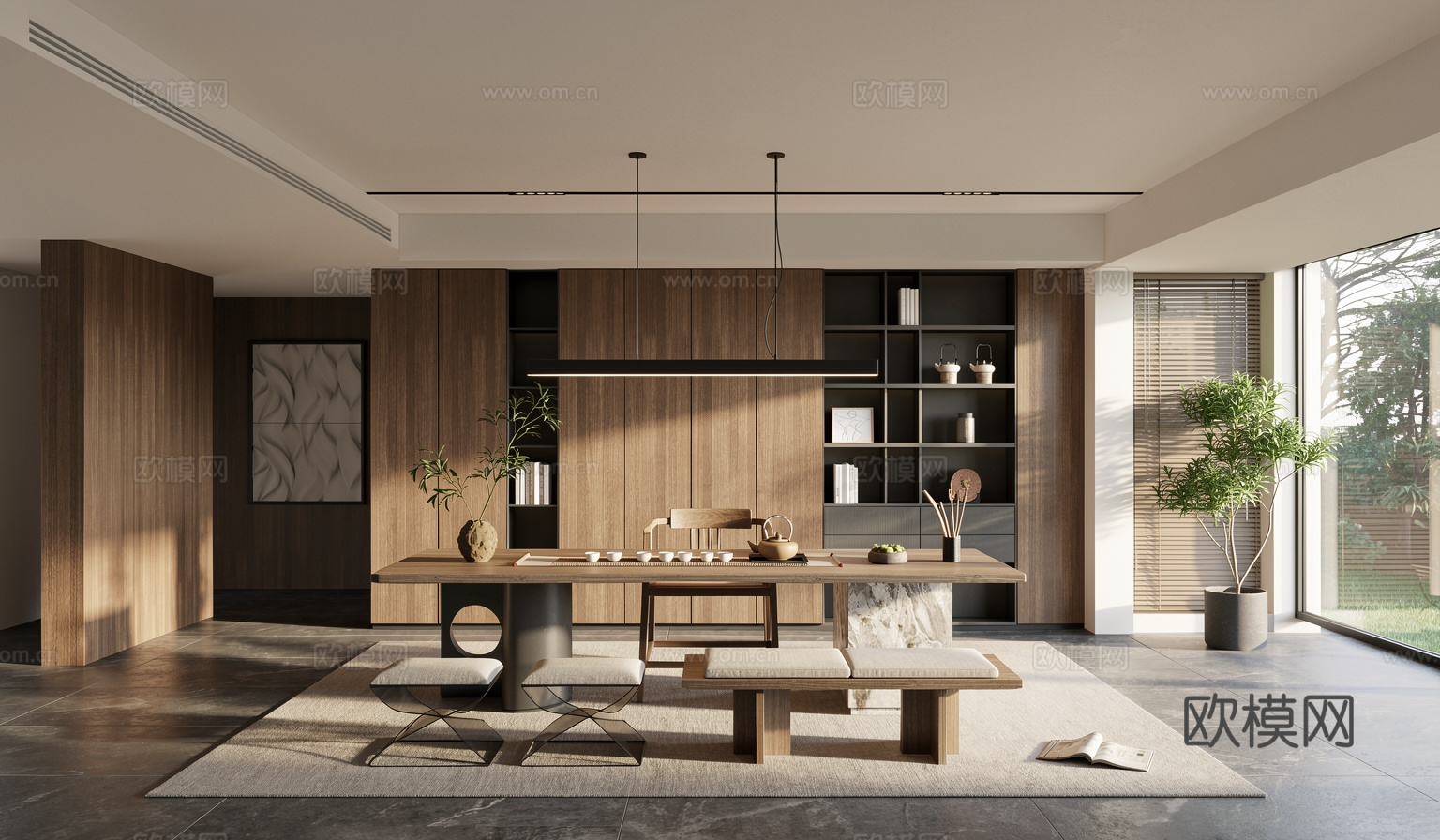 现代简约茶室_意式茶室_中式茶室_茶桌椅组合_茶室柜_植物盆su模型