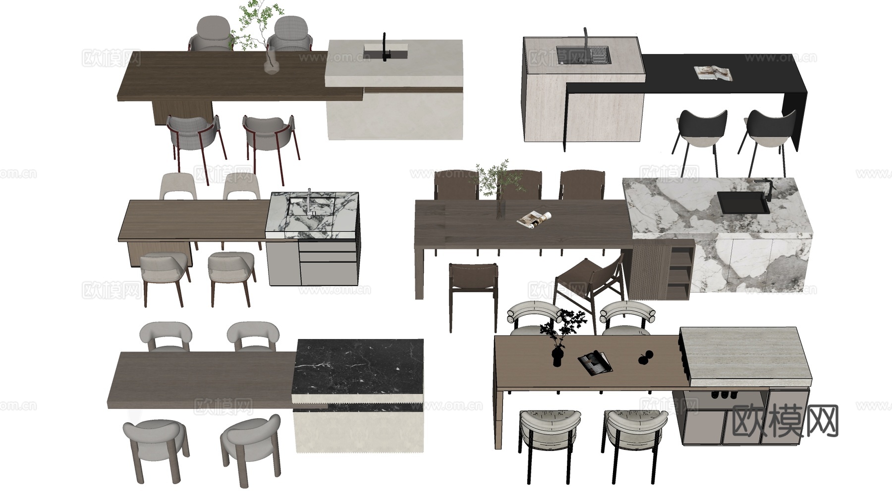 现代岛台桌椅 餐桌椅 餐厅岛台su模型