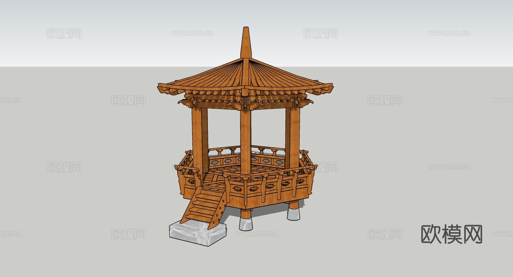 中式雕花围栏凉亭 传统木楼梯 屋顶瓦片 木柱 古建su模型