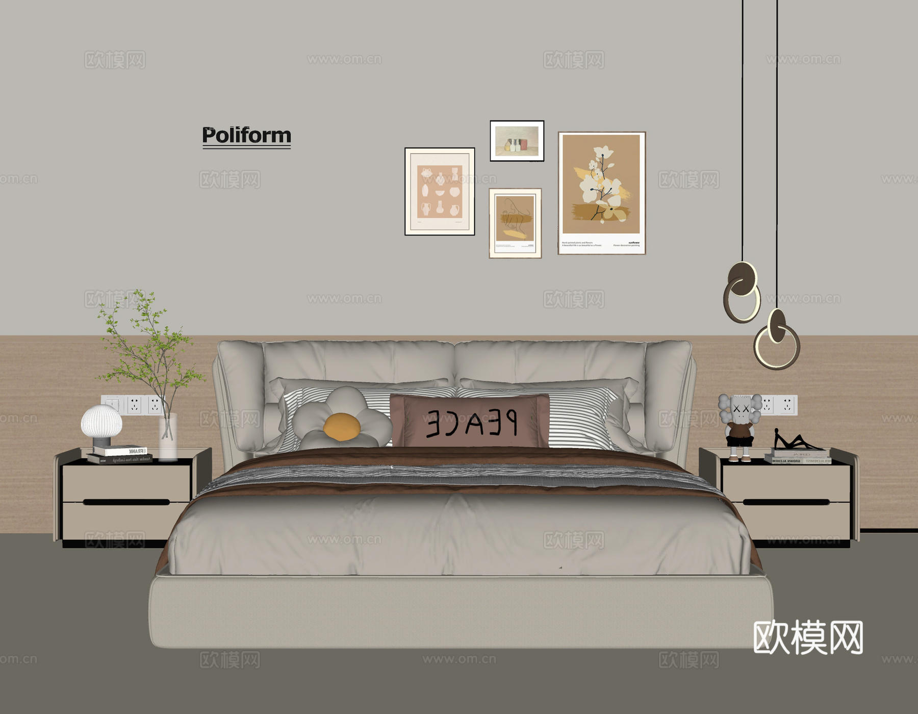 现代奶油风卧室 奶油风双人床 布艺双人床su模型