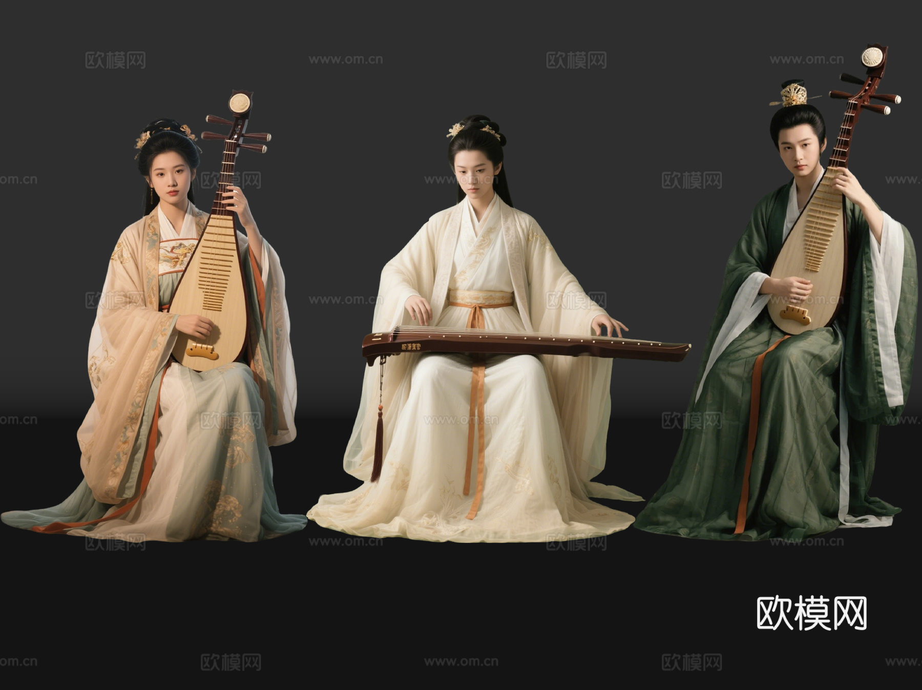 2D古装女子 宫廷乐师 古装乐师 古装抚琴 影视剧角色 古装su模型