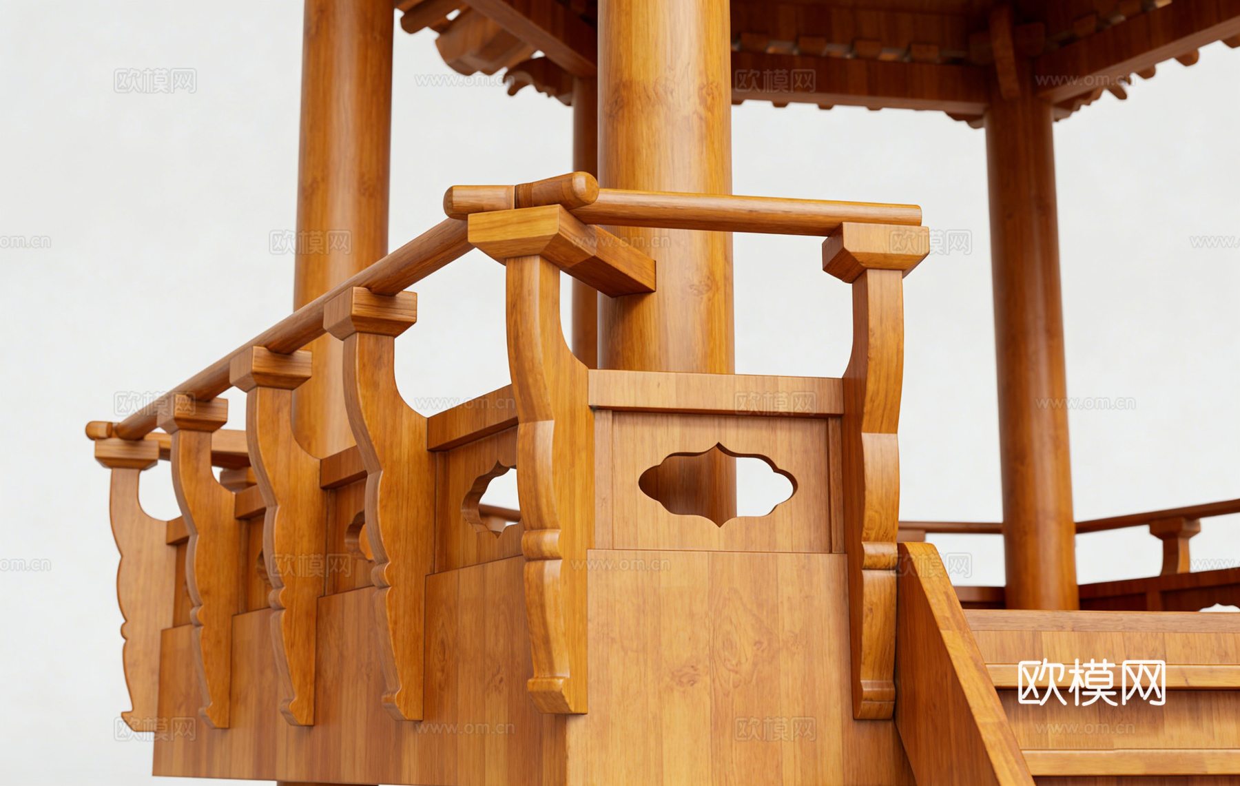 中式雕花围栏凉亭 传统木楼梯 屋顶瓦片 木柱 古建su模型