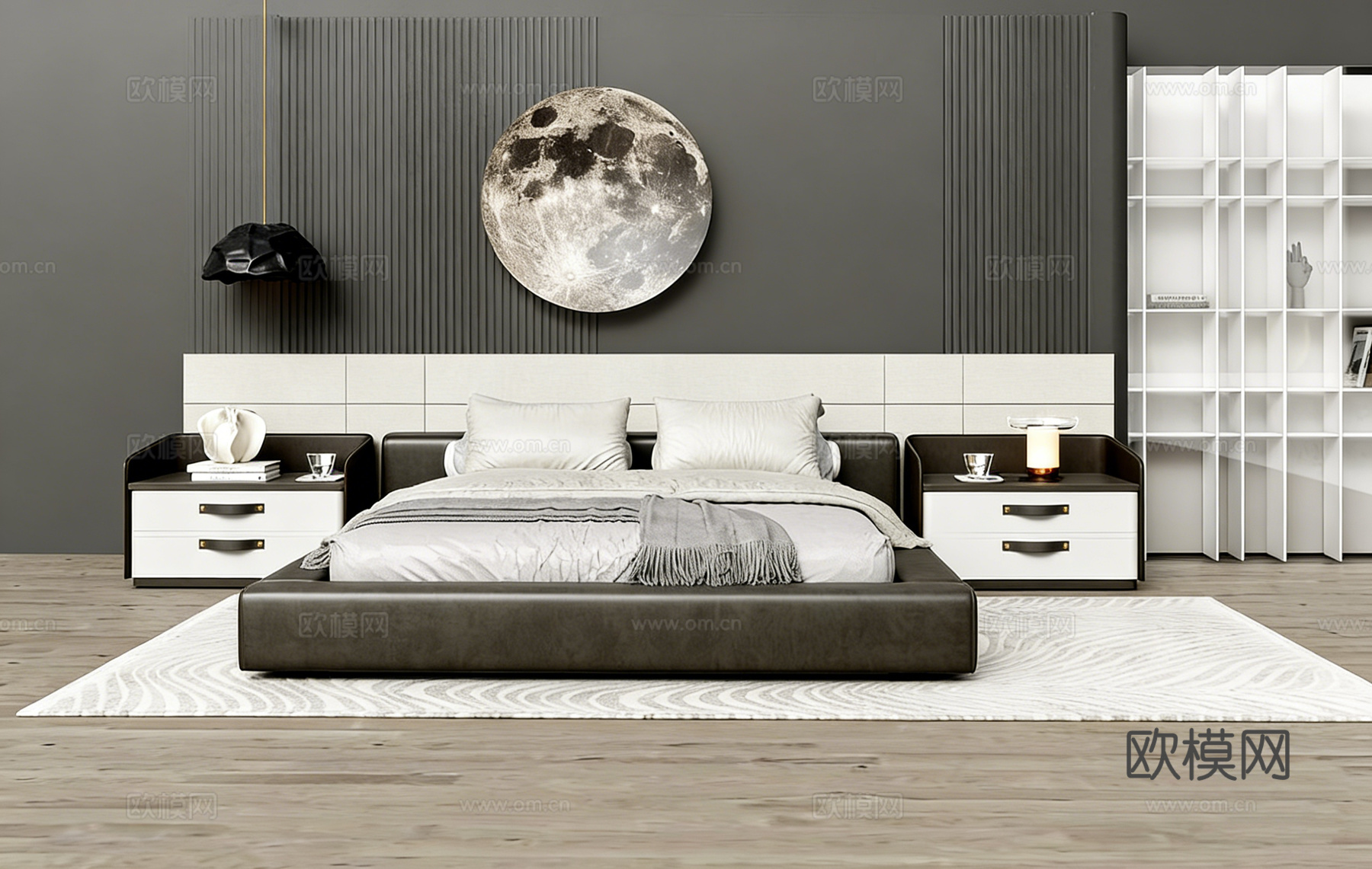 现代简约深色系卧室 皮质床 月球画黑白柜 流苏毯 圆形月球装su模型