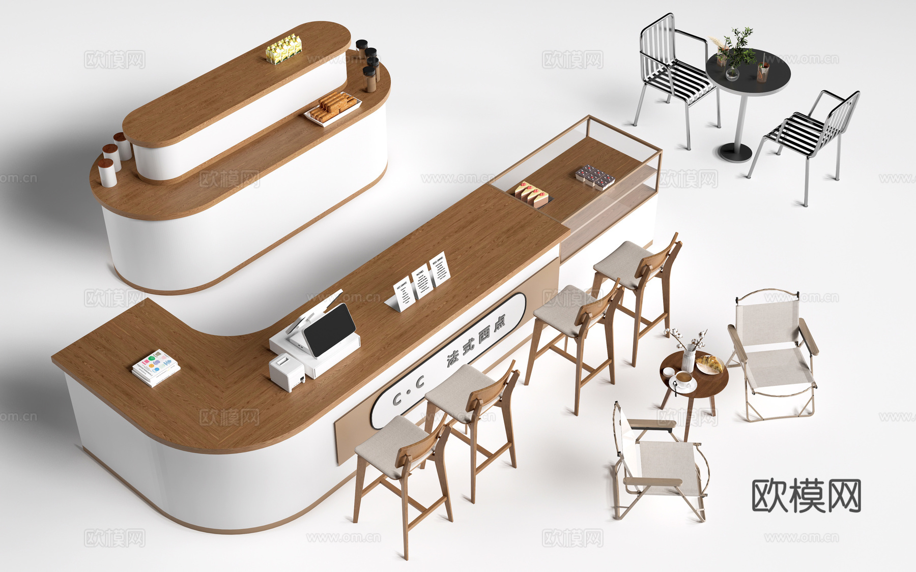 现代咖啡吧台 收银台 奶茶店收银台 奶茶店桌椅su模型