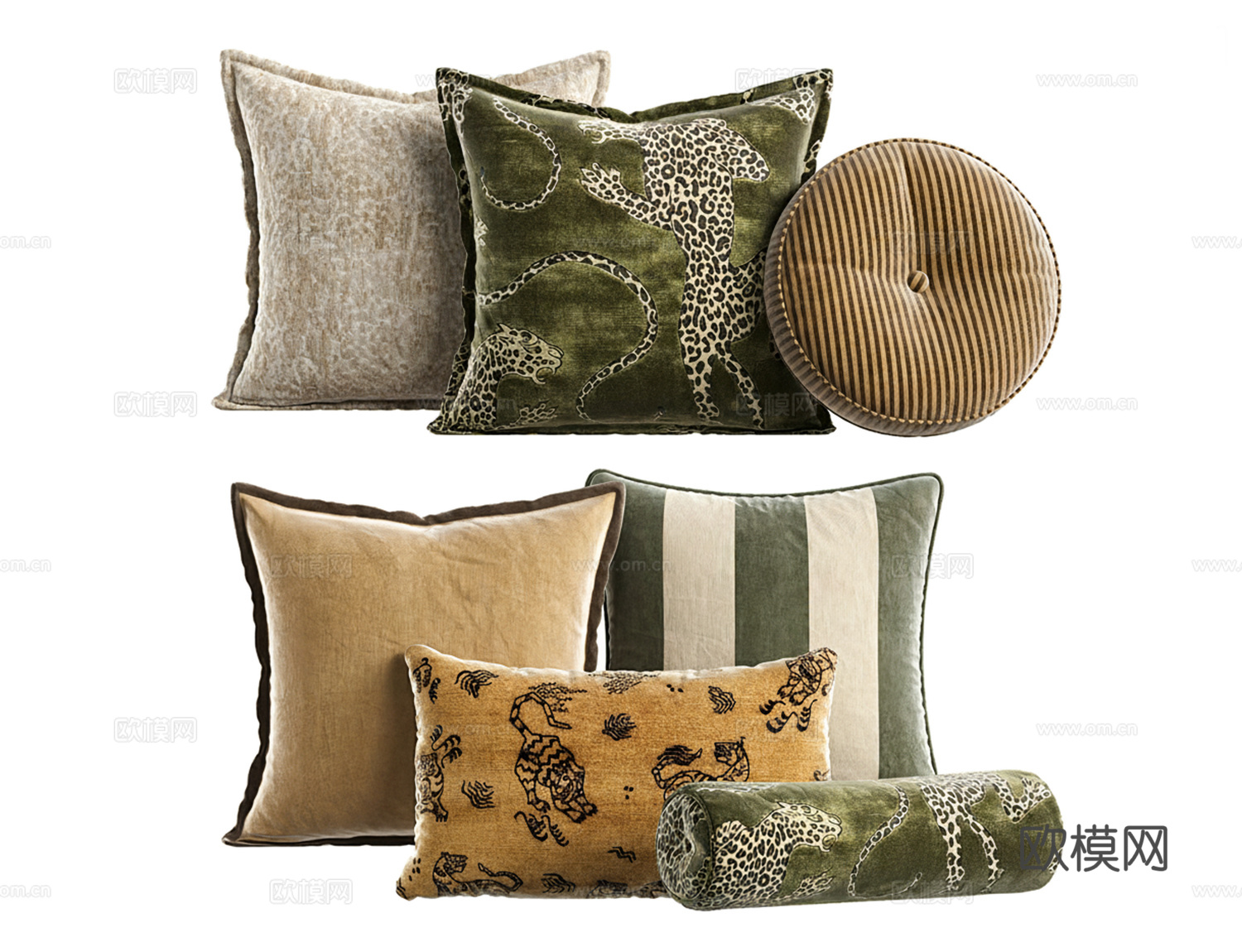 轻奢复古丝绒抱枕 新中式条纹靠枕 圆形枕头靠垫su模型