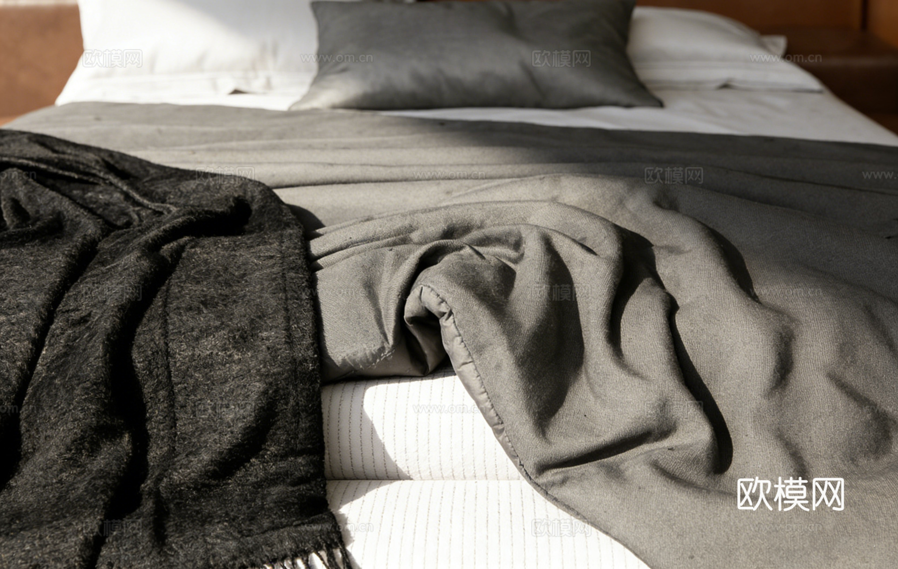 现代简约棕色真皮双人床 球形灯罩落地灯 针织流苏盖毯 床尾毯su模型