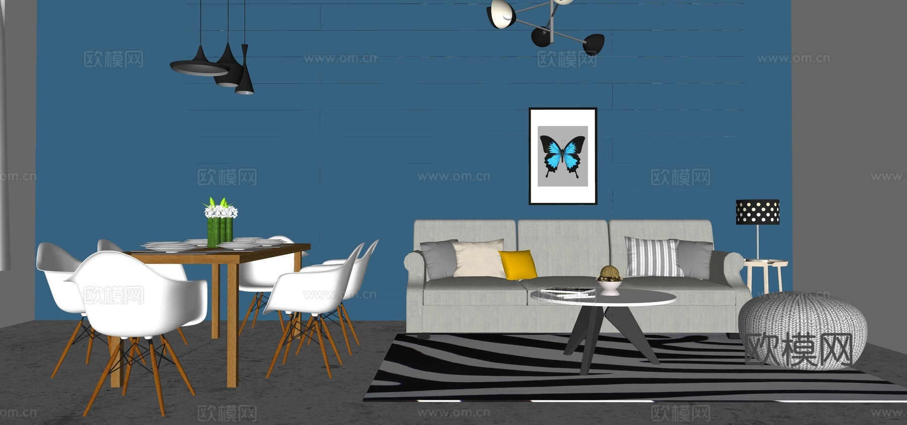 现代简约多功能客厅 客餐厅su模型