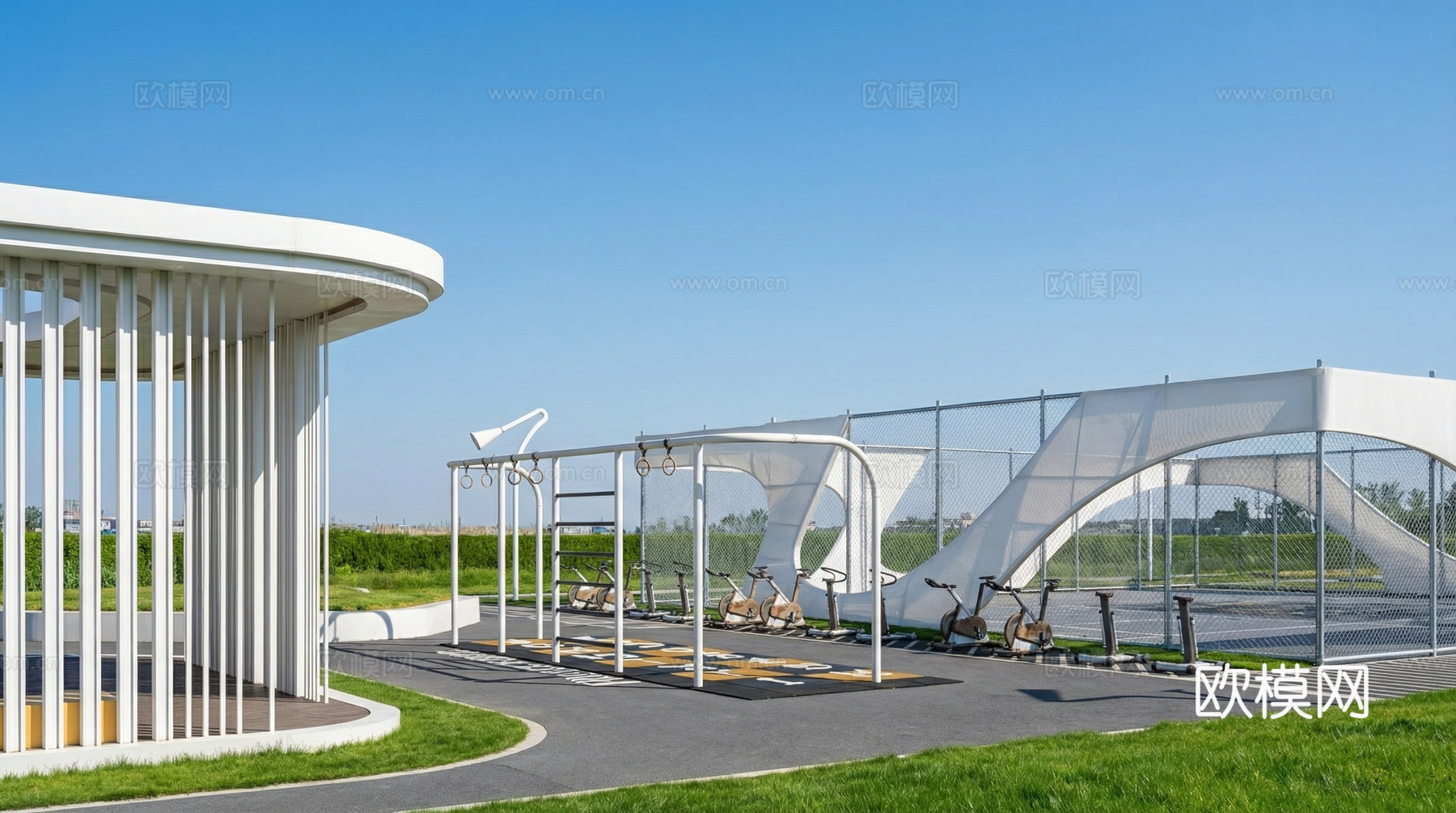 现代体育公园景观_廊架_运动设施su模型