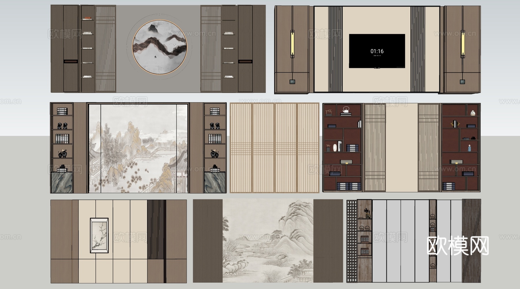 新中式餐厅背景墙 包厢背景墙 客厅背景墙su模型