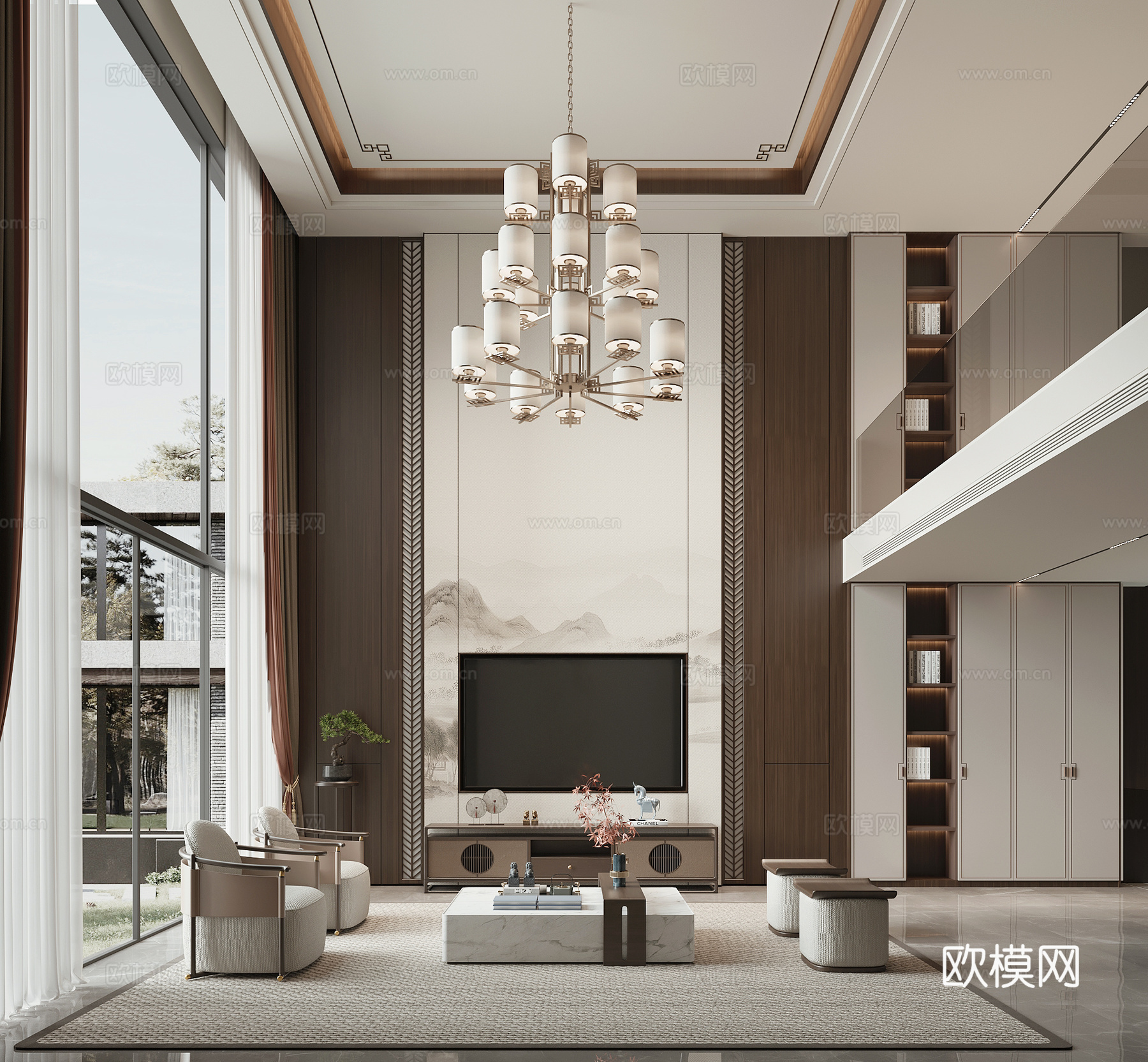 新中式复式别墅客厅su模型