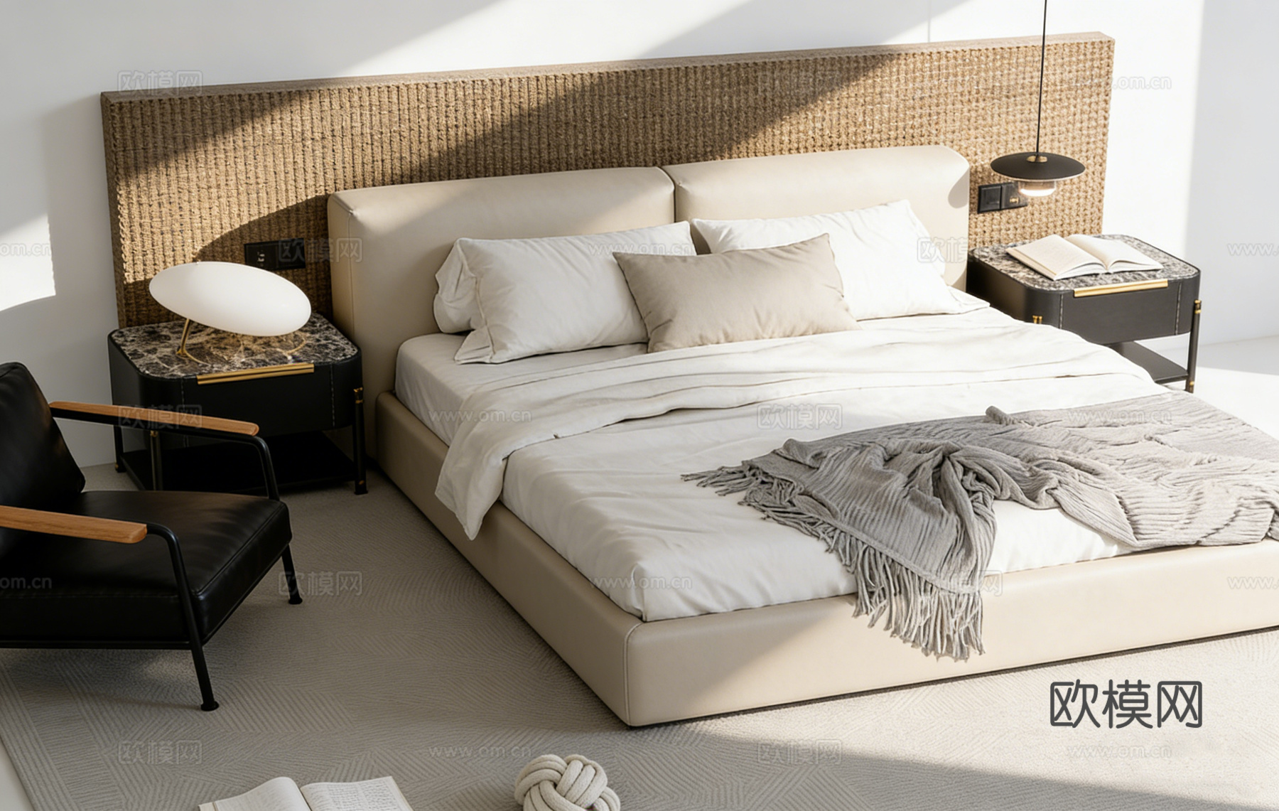 现代简约米色真皮双人床 编织肌理床头背景墙 主卧床 卧室家具su模型下载（渲染图3）