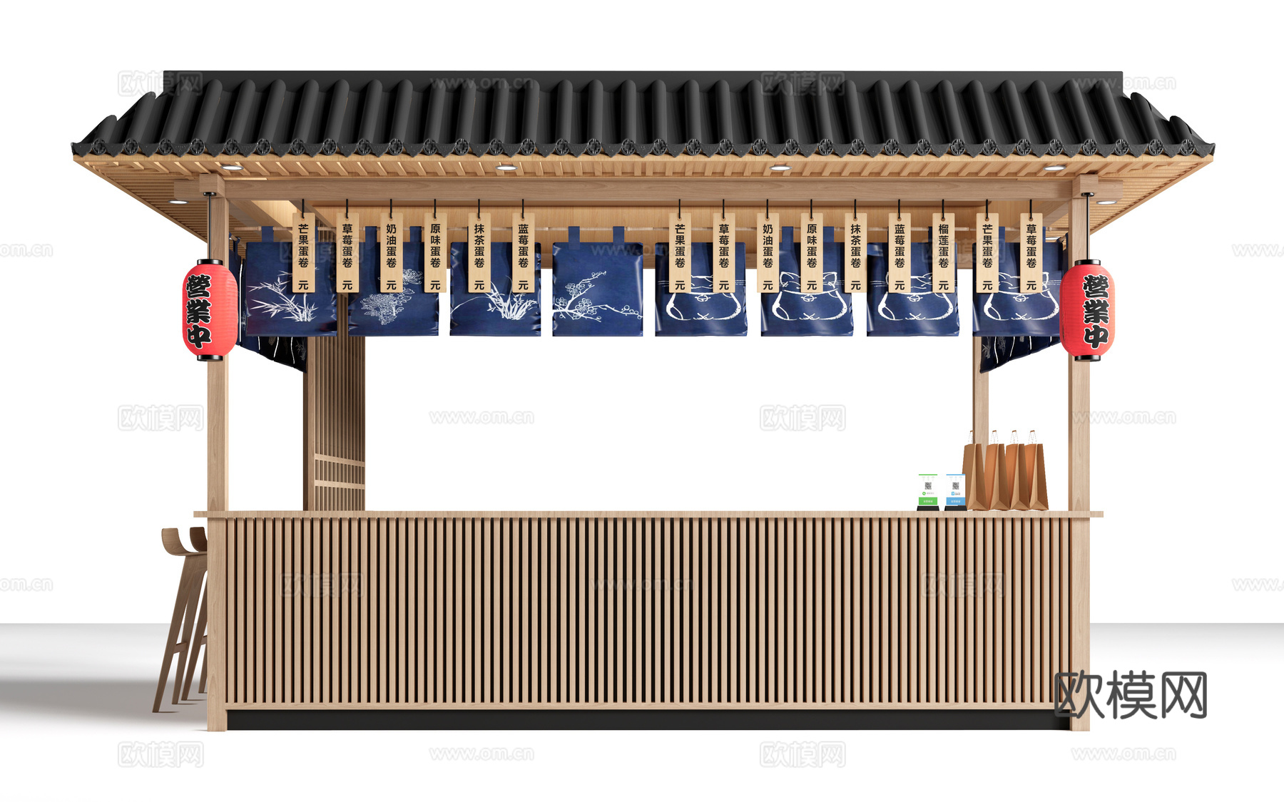 现代外摆摊位 售卖亭 售货摊位 小吃摊su模型