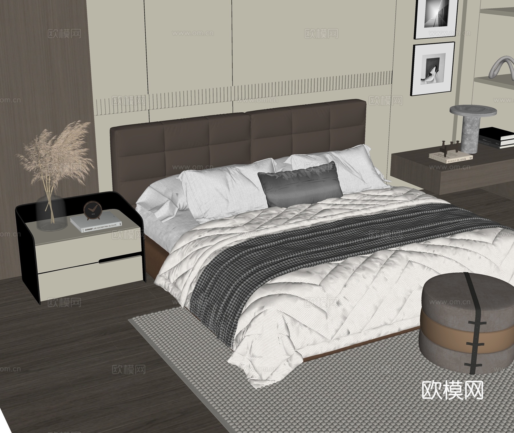 现代双人床su模型