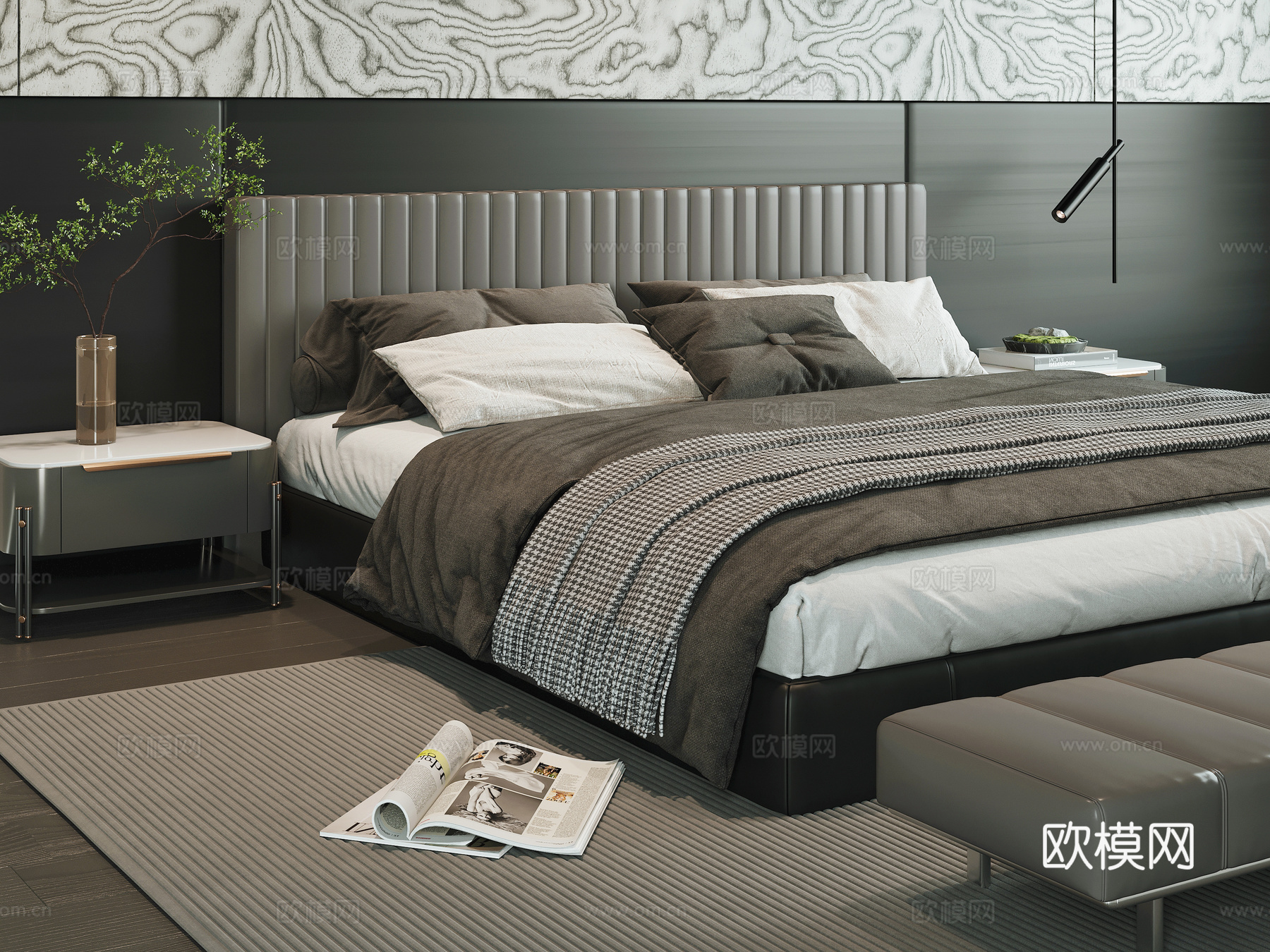 现代双人床su模型