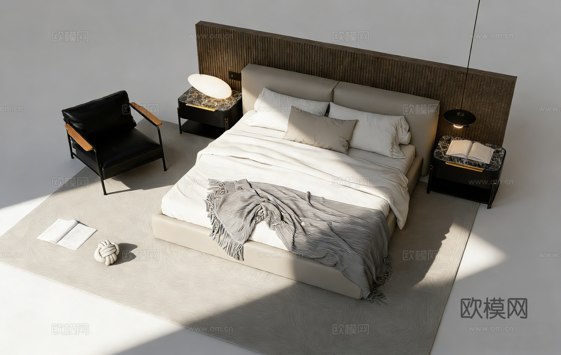 现代简约米色真皮双人床 编织肌理床头背景墙 主卧床 卧室家具su模型下载（渲染图2）