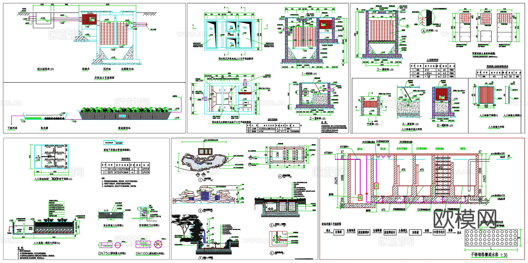 净化池锦鲤鱼池过滤池CAD素材图库cad施工图