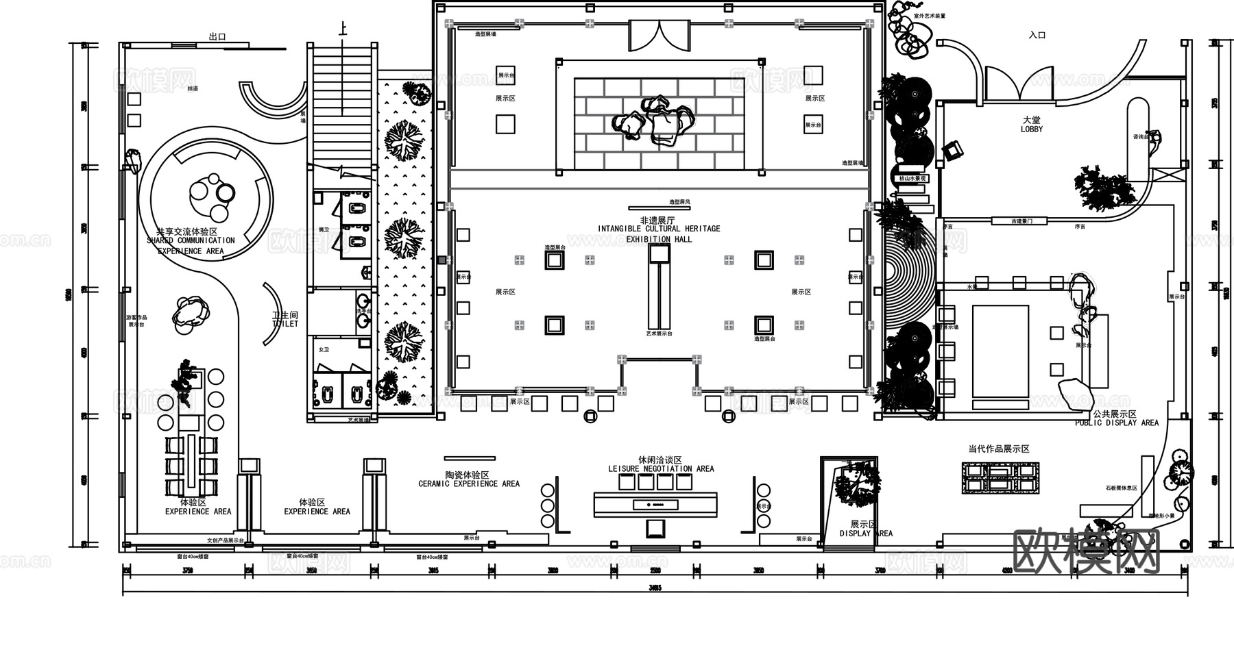 非遗展厅陶瓷展厅平面图cad施工图下载（渲染图2）