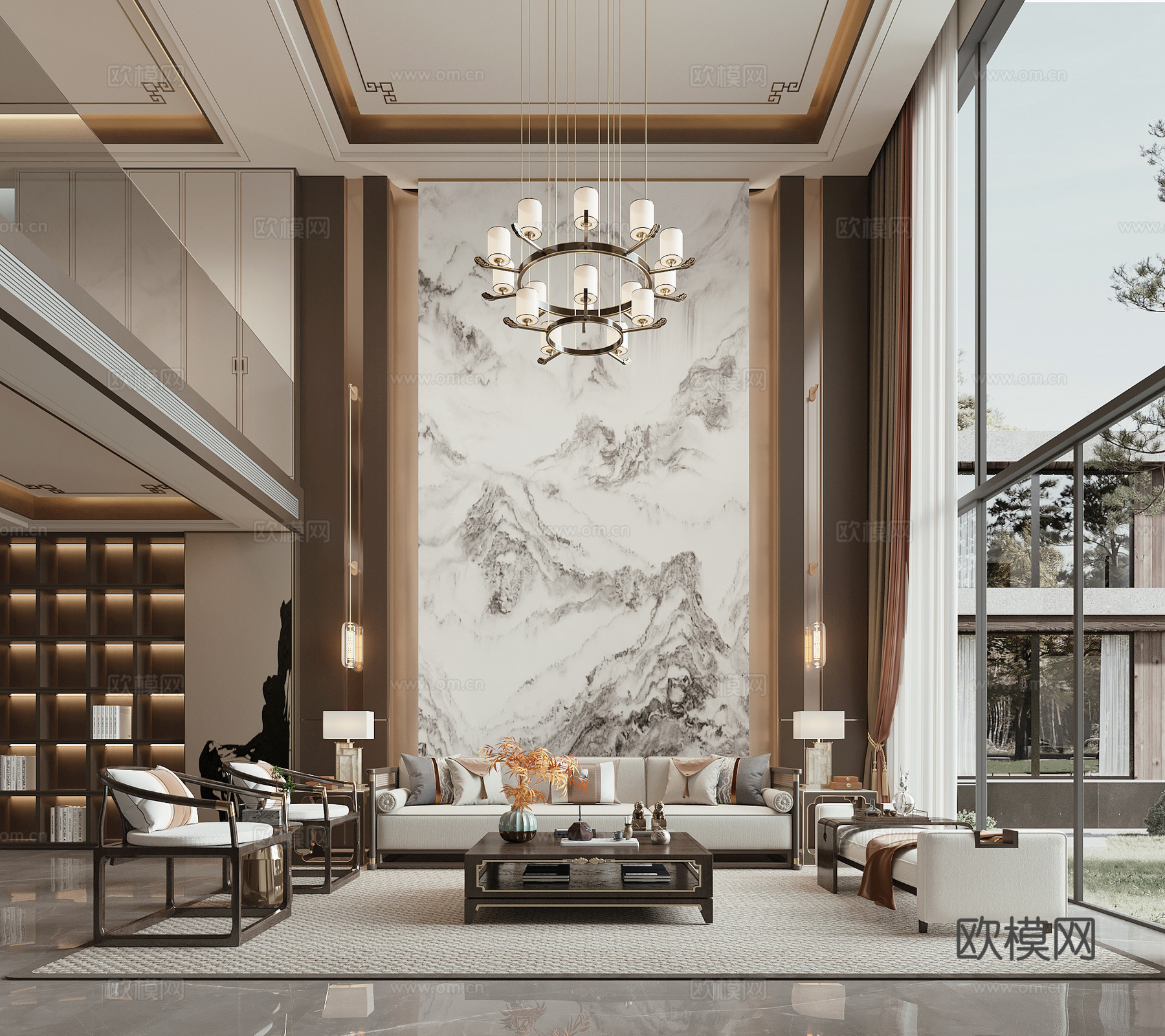 新中式复式别墅客厅su模型