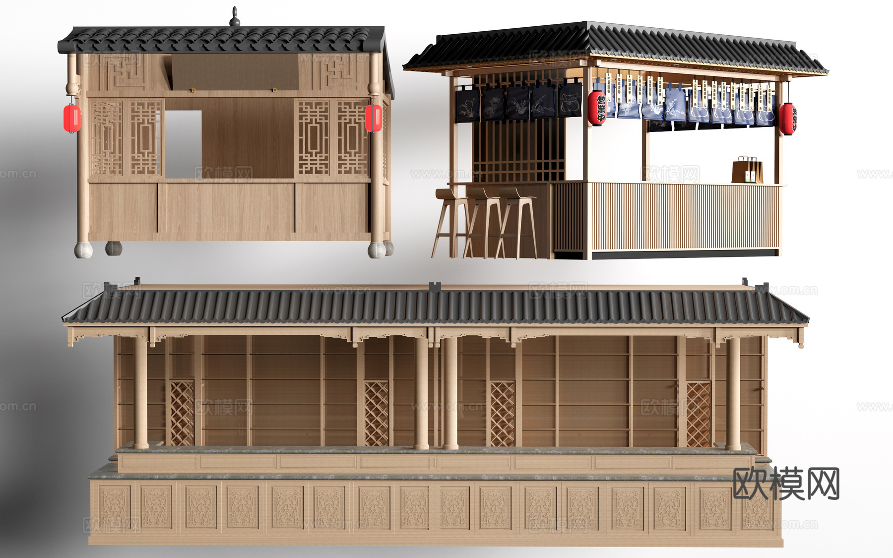 现代外摆摊位 售卖亭 售货摊位 小吃摊su模型