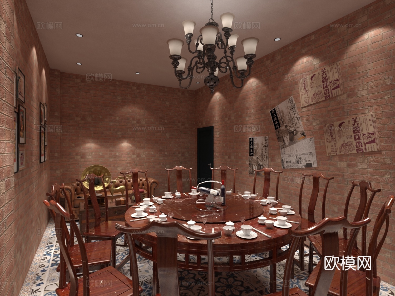其他混搭老上海龙虾馆包厢 吊灯 餐桌椅 沙发茶几3d模型
