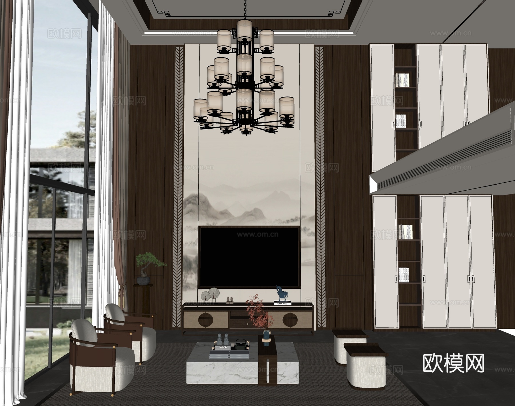 新中式复式别墅客厅su模型