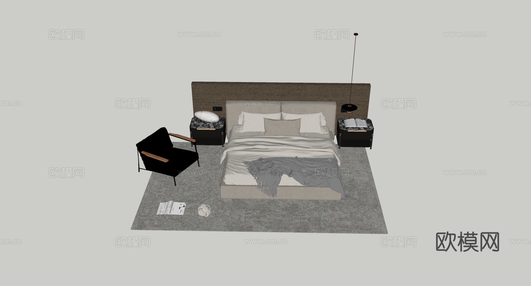 现代简约米色真皮双人床 编织肌理床头背景墙 主卧床 卧室家具su模型下载（渲染图4）